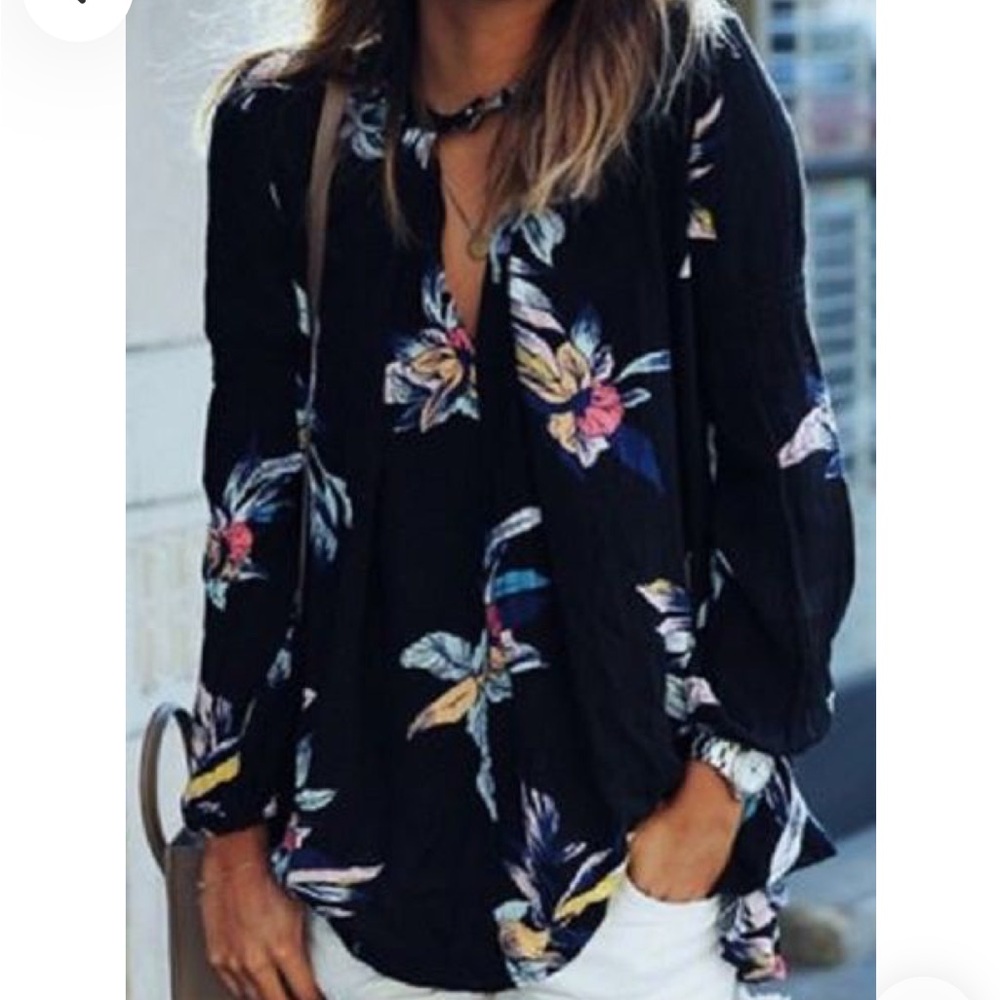 Free People Black Relaxed Tie Front Blouse